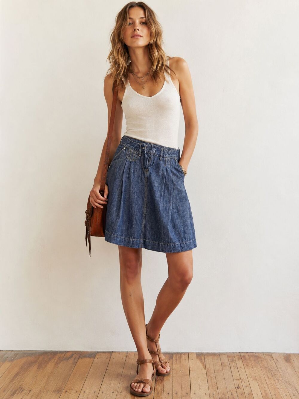 Massimo Dutti Linen Blend Chambray A-Line Pleated Mini Skirt Blue EU38 US 28